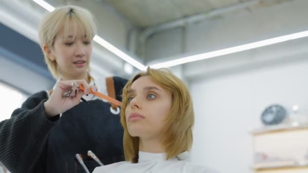 Voorzichtigheid Jonge Vrouw Krijgt Haar Haar Gekleed Een Kapsalon Professionele — Stockvideo