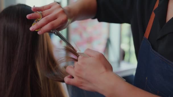 超级慢动作 专业理发师正在用剪刀为长发的年轻顾客剪头发 美容院 美发及美发师概念 — 图库视频影像