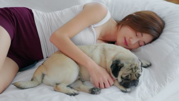 Μια Όμορφη Ασιάτισσα Ξαπλωμένη Στο Κρεβάτι Σκυλάκι Της Στο Σπίτι — Αρχείο Βίντεο