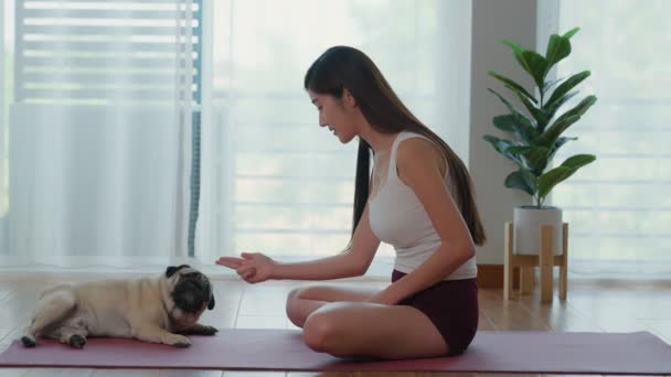 Una Hermosa Mujer Asiática Sentada Una Esterilla Yoga Siendo Entrenadora — Vídeos de Stock