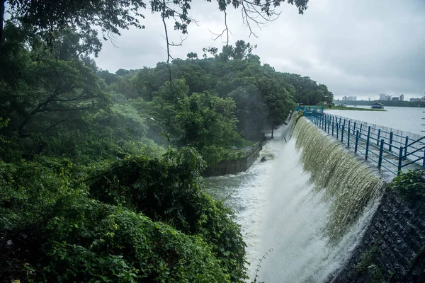 Mumbai India Lipiec 2020 Przepełnienie Jeziora Powai Obfitych Opadach Deszczu — Zdjęcie stockowe