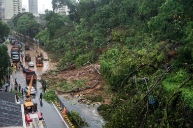 MUMBAI / INDIA - AUGust 6, 2020: Acil servisler, Padder Yolu 'ndaki son şiddetli muson yağmurlarının ardından gelen heyelan sonrasında temizliği ve bitki örtüsünü temizlemeye çalışıyor.