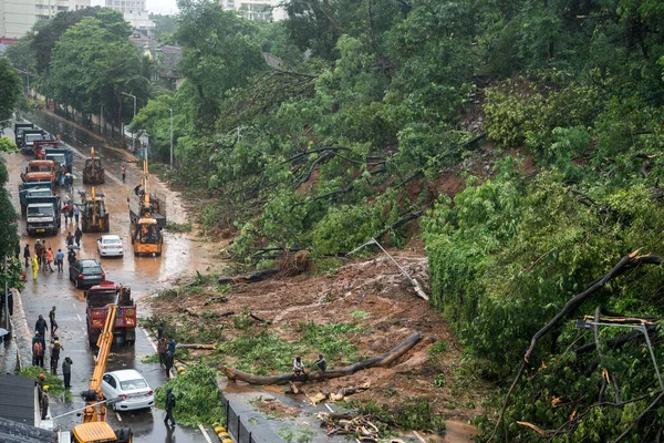 Mumbai India 2020年8月6日 モンスーン豪雨後のパダー道路の土砂崩れによる道路の清掃 植生に関する緊急支援 — ストック写真