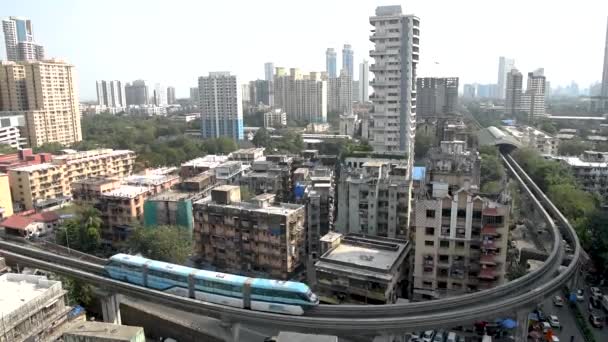 Mumbai India October 2020 Monorail Passes Bridge Budding Background Monorail — Stock Video