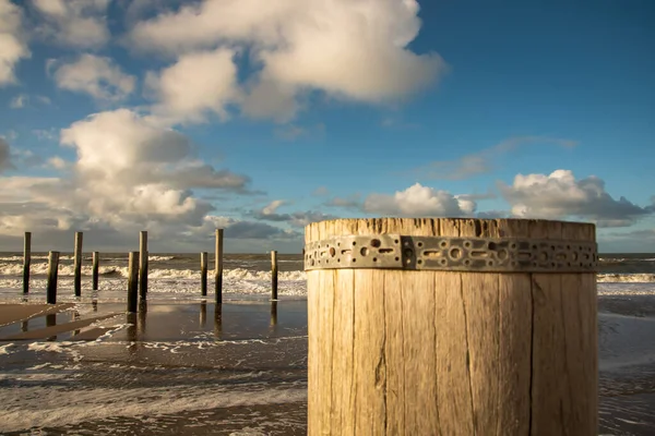 Petten, the Netherlands. March 3, 2021. Wooden poles at the beach near Petten aan Zee, the Netherlands. — Stock Photo, Image