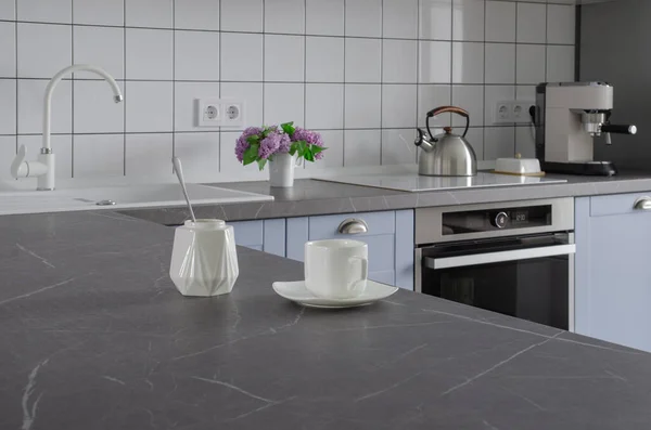 Modern stylish minimalist blue and gray kitchen with cooking utensils.