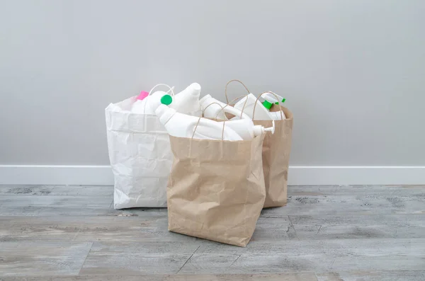 Clean Plastic Bottles Household Chemicals Paper Bag Recycling Reuse Concept — 图库照片
