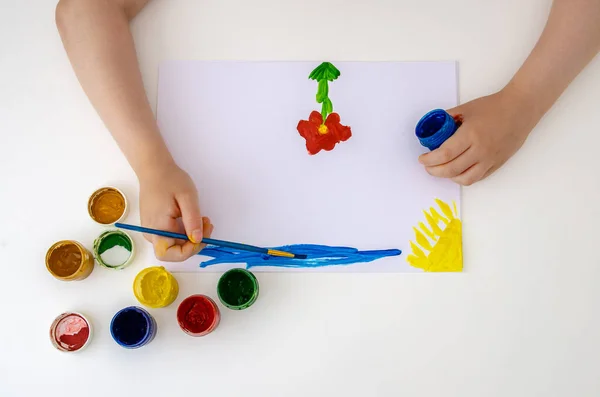 Children Pens Draw Drawing Flower White Background — Stock Photo, Image