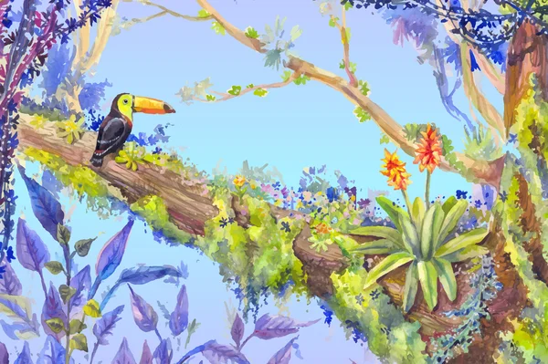 Dżungla Las z Tukan siedzący na drzewie, akwarela ilust — Wektor stockowy