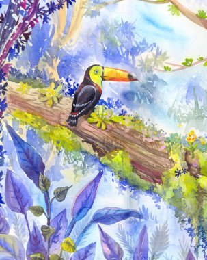Bir dal üzerinde oturan bir toucan ile tropikal peyzaj