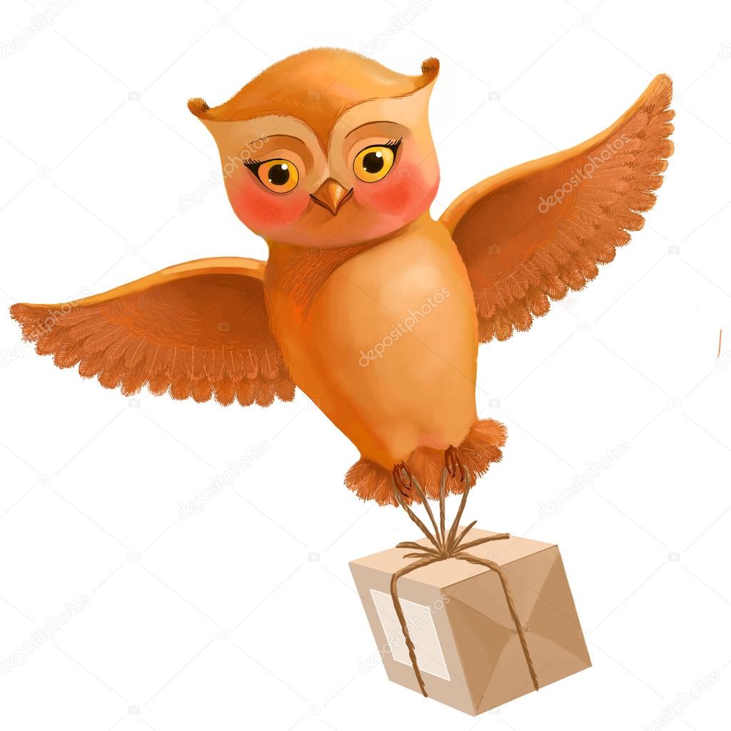 Flying owl with sending. Illustration in cartoon style with a br