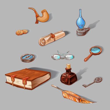 vintage simgeler kümesi: kitap, saat, gaz lambası, Pusula, yakın