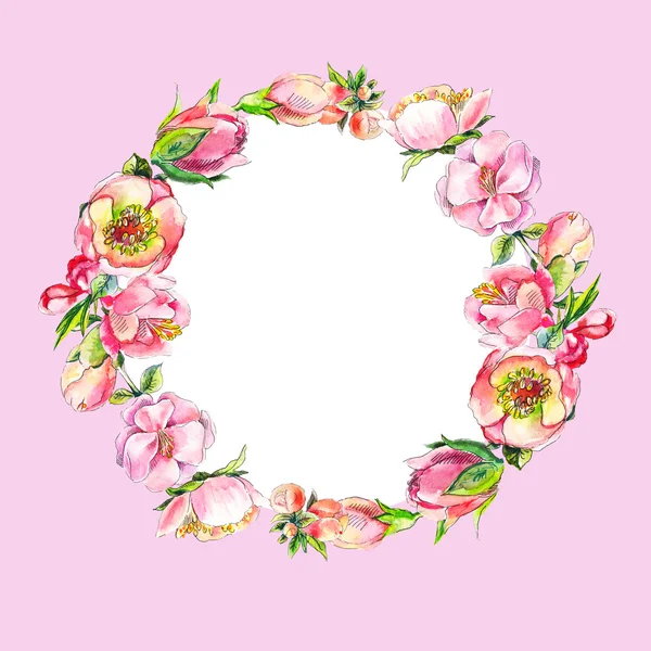 Wreath of pink watercolor flowers. — Stock Photo, Image
