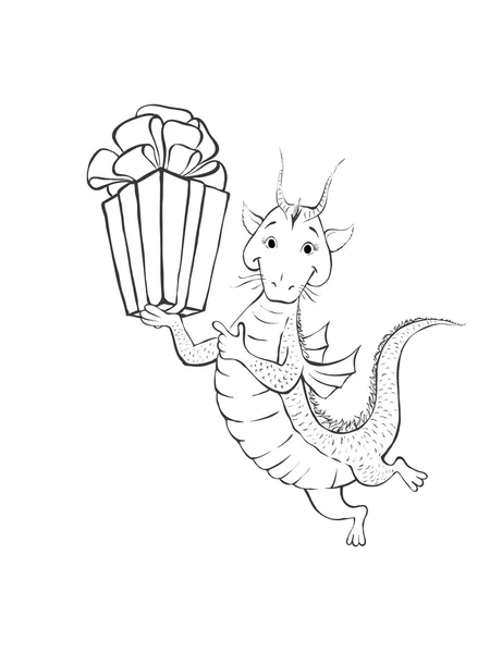 Dragão com presente. Página para colorir. Desenhos animados crianças dragão com gi —  Vetores de Stock