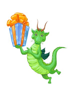 Bir hediye ile şirin küçük Yeşil Ejder. Bir fırt karikatür kroki