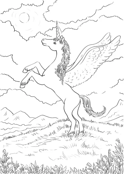 Magia dibujada a mano Unicornio. Página para colorear con detalles altos. Vecto. — Vector de stock