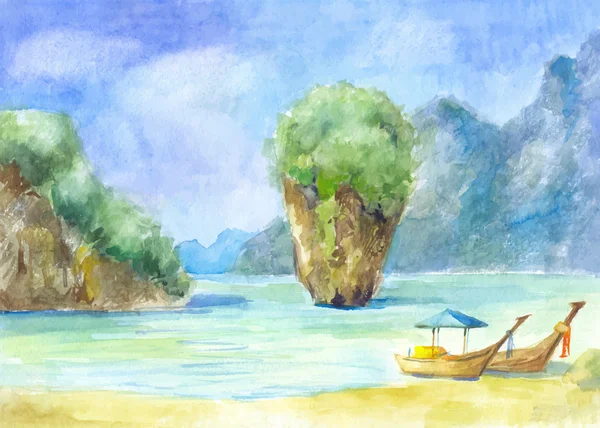 Paysage avec des rochers, la mer et les bateaux peints en aquarelle — Image vectorielle