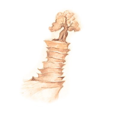 Fantastic mountain, drawing with fantasy tree in sepia pensil. clipart