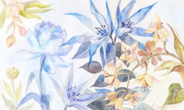 Mavi ve sarı çiçekler (Şakayık, orch ile suluboya arka plan