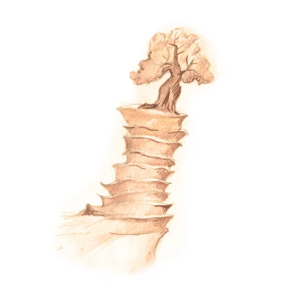 Wspaniały widok na góry, rysunek fantasy drzewo w sepii zarobek. — Zdjęcie stockowe