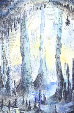 Mavi renkler mağarada çizilmiş Illustration. Sulu Boya çelik