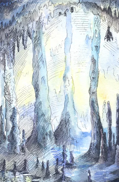 Ilustración dibujada a mano de la cueva en colores azules. Acuarela stal —  Fotos de Stock