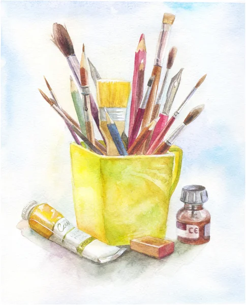 Stilllife met kunst materialen in aquarel. Gele mok, borstel, p — Stockfoto