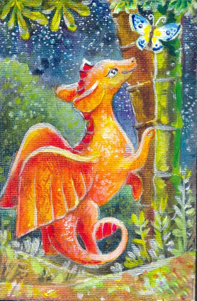 Ilustración infantil de un dragón por la noche. Pintura al óleo sobre ca — Foto de Stock