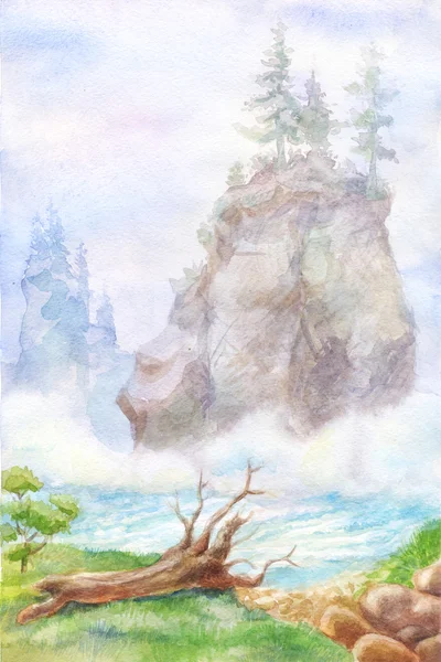 Berglandschaft in Aquarell. Malerei mit Flussnebel, Wurzel — Stockfoto