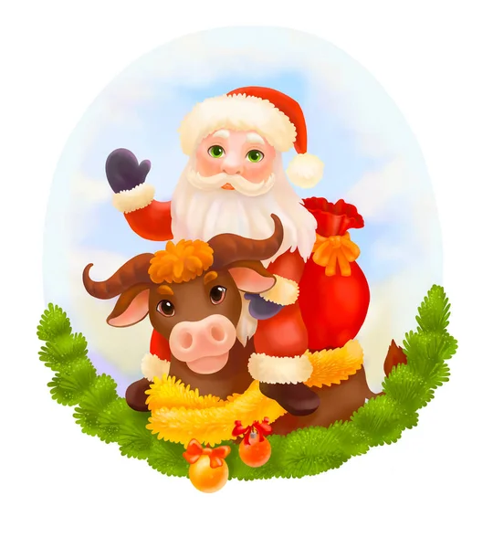 Babbo Natale Toro Illustrazione Natale Nuova Cartolina Anno 2021 — Foto Stock