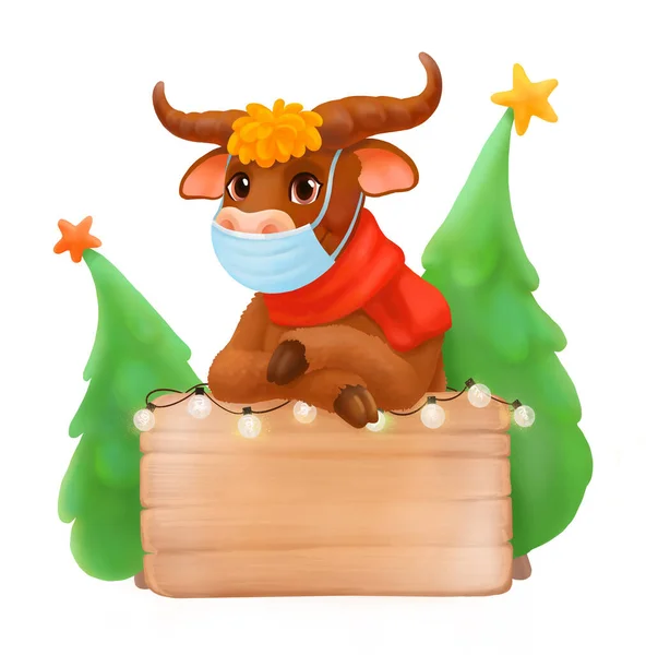 Ilustrasi Natal Yang Lucu Banteng Bertopeng Selamat Tahun Baru — Stok Foto