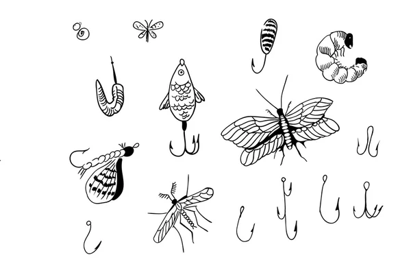 Приманка для риболовлі та гачків, джиг, види приманки, намальована вручну ілюстрація — стоковий вектор