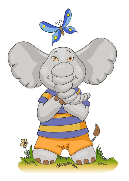 Kartun bayi gajah dengan kupu-kupu, gambar vektor, olahraga gajah - Stok Vektor