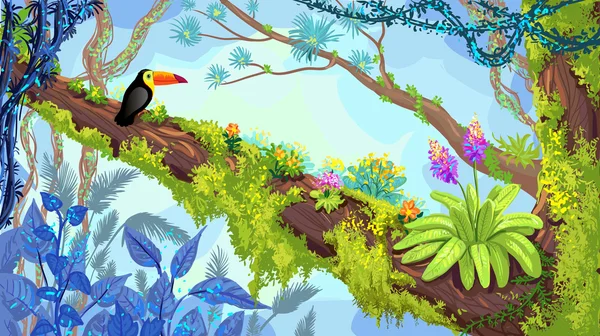 Floresta da selva. Ilustração de tucano sentado na árvore. Vecto. —  Vetores de Stock