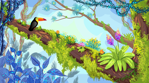 Jungle forest. Illustration of toucan sitting on the tree. Vecto