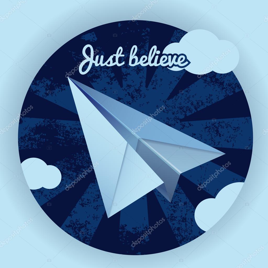 Blue paper airplane on a dark blue background with rays, clouds