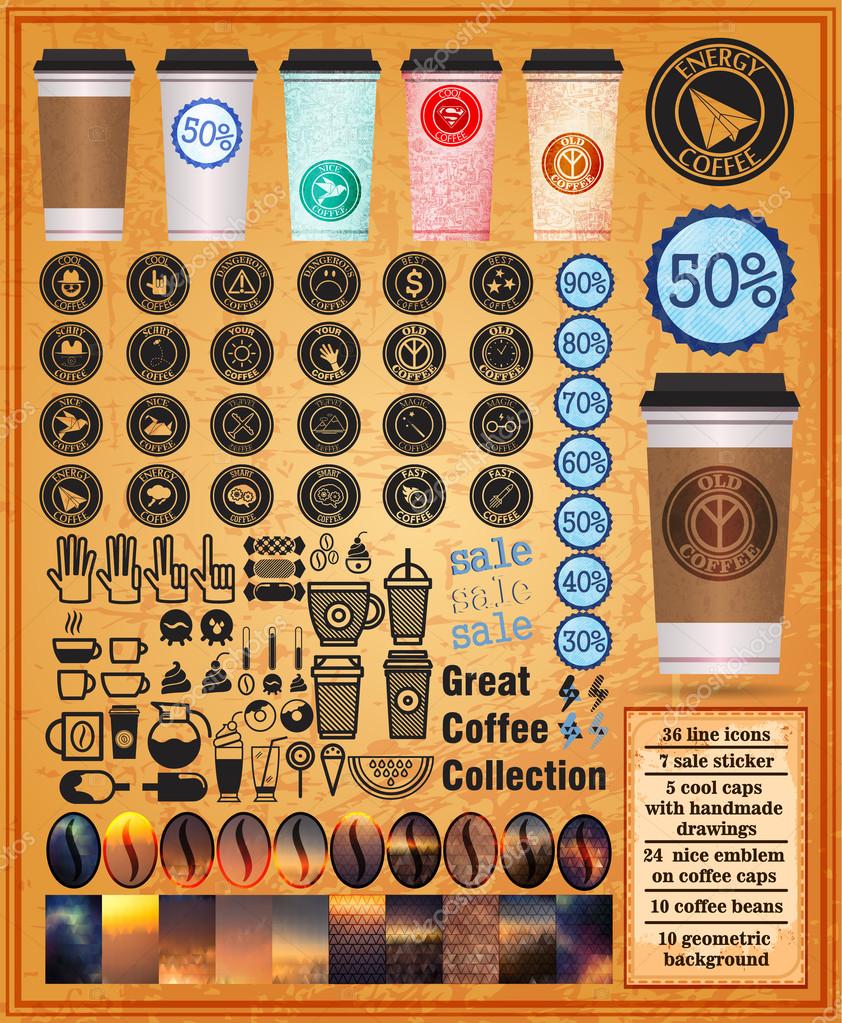 Great coffee collection with cups coffee and icons on an orange background