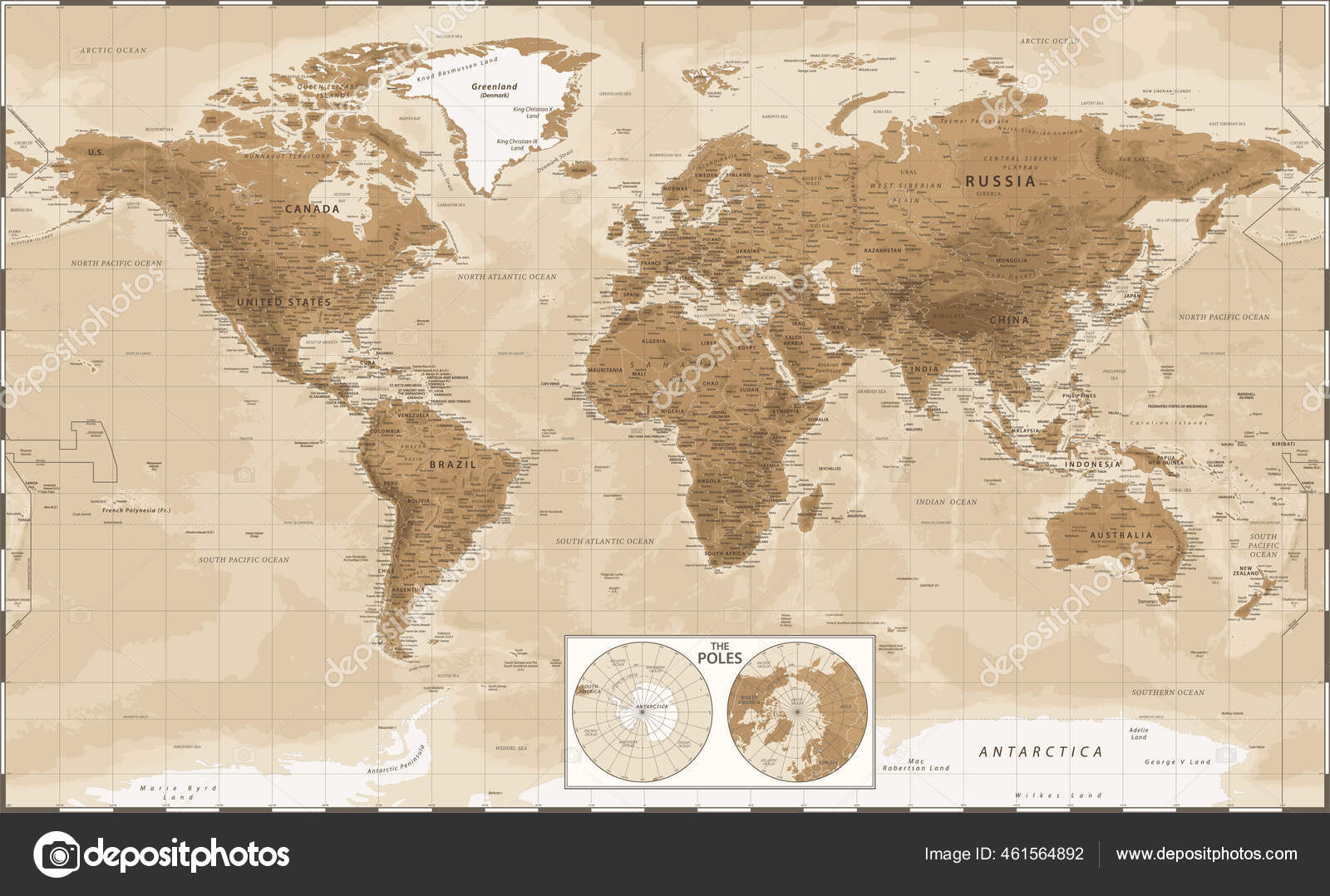 Карта Мира Поляки Винтажная Физическая Топография Вектор Подробно.
