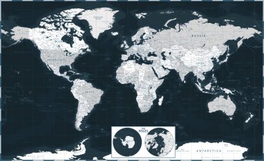 Dünya Haritası ve Polonyası - Siyah Gri Ölçekli Siyasi - Vektör Ayrıntılı İllüstrasyon