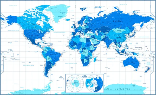 Mappa Del Mondo Poli Politici Illustrazione Dettagliata Vettoriale — Vettoriale Stock