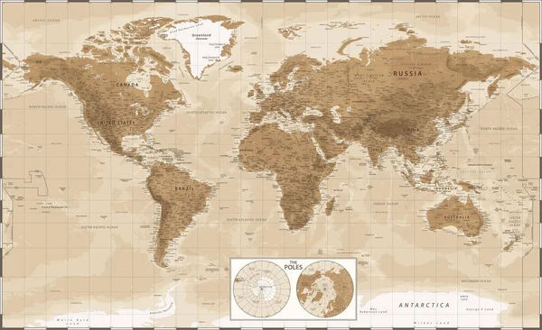 Mapa Světa Póly Ročník Fyzikální Topografie Vektor Podrobný — Stockový vektor