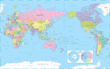 Dünya Haritası - Pasifik Görünümü - Asya Çin Merkezi - Siyasi Topografi - Katmanlar - Vektör Ayrıntılı