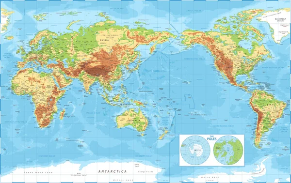 ワールドマップ パシフィック チャイナ アジア ビュー 物理的地形 ベクトル詳細イラスト — ストックベクタ