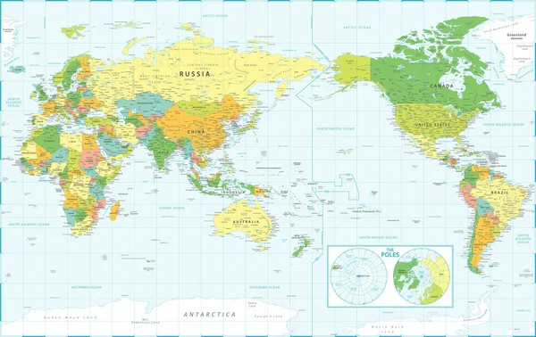 世界地图 太平洋景观 亚洲中国中心 政治地形图 矢量细节 — 图库矢量图片