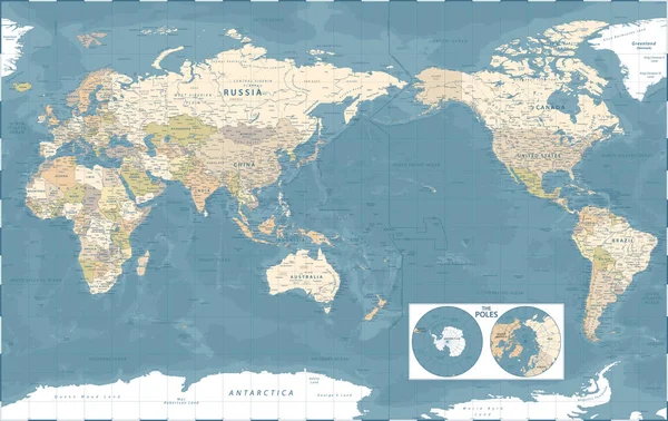 Mapa Světa Tichomoří Čína Asie View Ročník Fyzikální Topografie Vektor — Stockový vektor