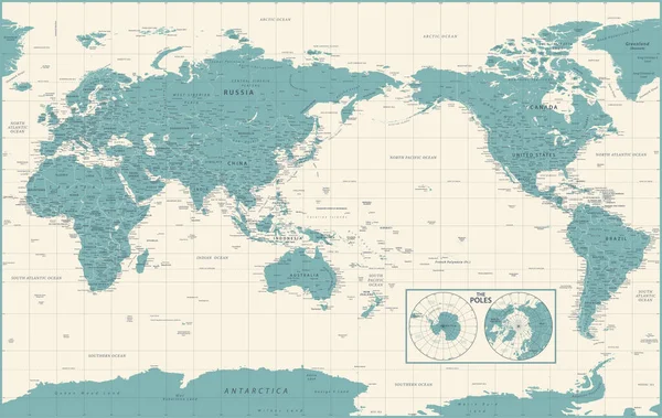 Weltkarte Pazifik China Asien Ansicht Politische Vintage Topographie Vektor Detailliert — Stockvektor