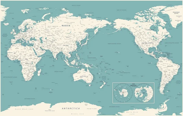 Weltkarte Pazifik China Asien Ansicht Politische Vintage Topographie Vektor Detailliert — Stockvektor