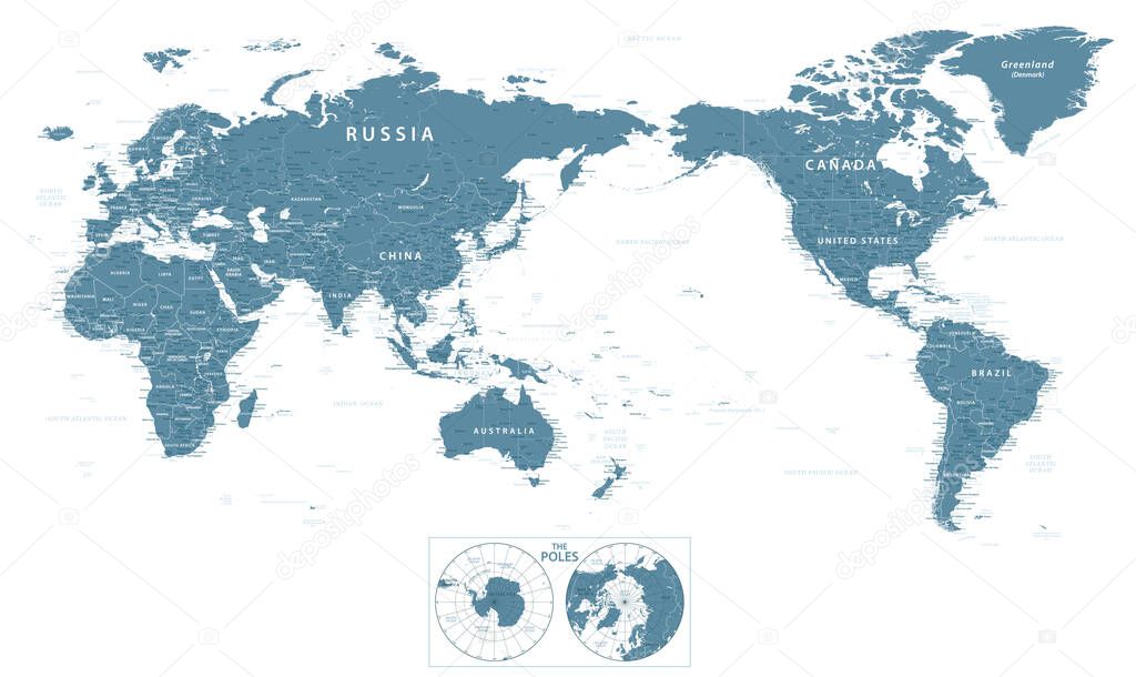 World Map - Pacific China Asia Centered View - Grayscale Color Political - Vector Layered Detailed