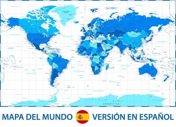 Mapa Mundo Cor Política Versão Língua Espanhola Ilustração Vetorial — Vetor de Stock