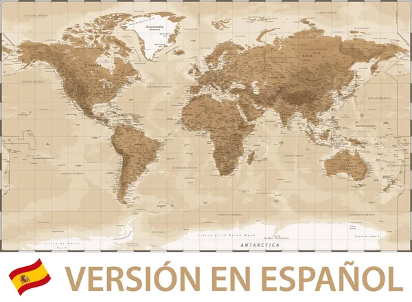 Mapa Mundo Cor Política Versão Língua Espanhola Ilustração Vetorial — Vetor de Stock